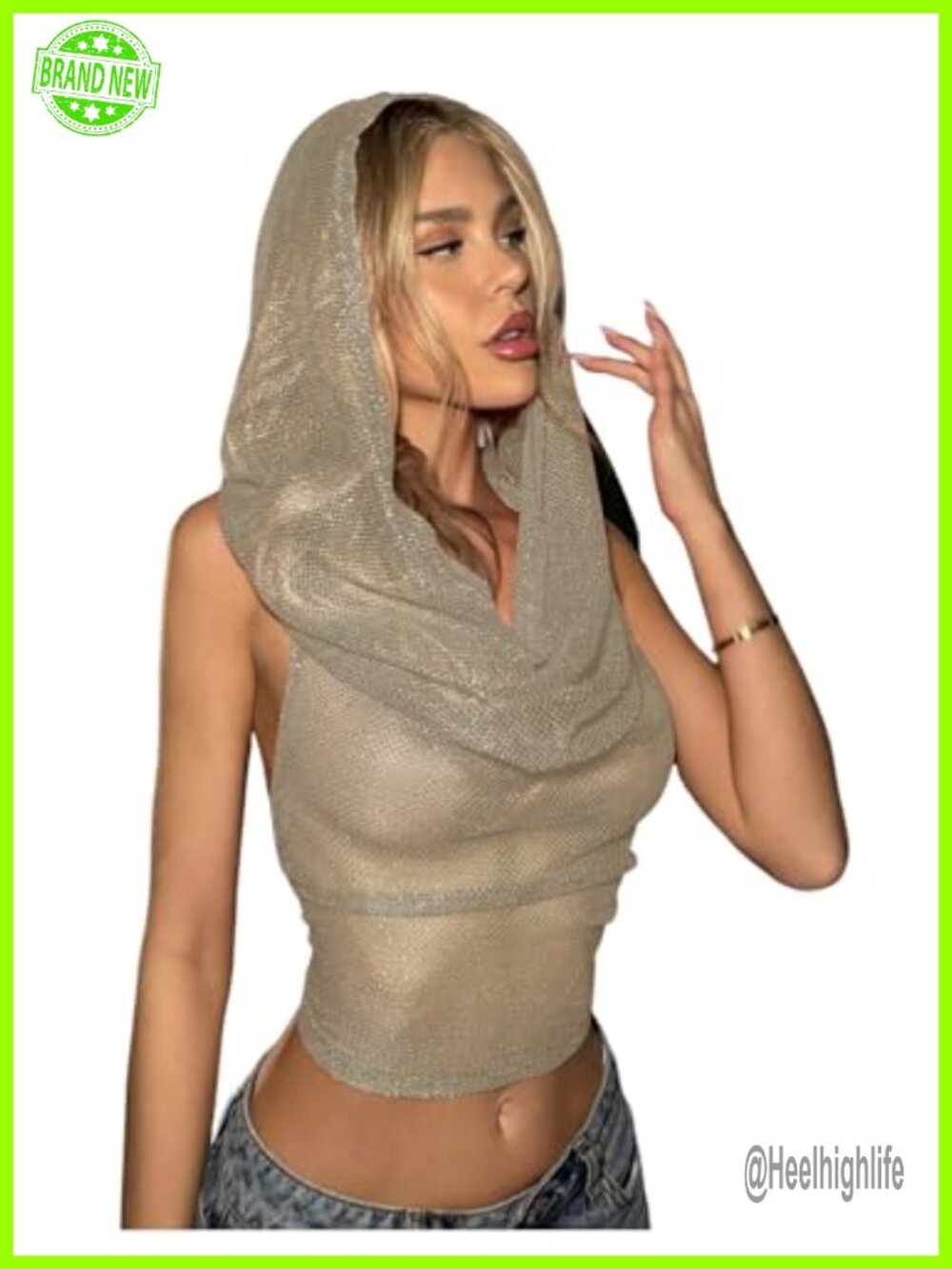 Sleeveless Hooded Halter Crop Tank Top - High Stretch Going Out Top